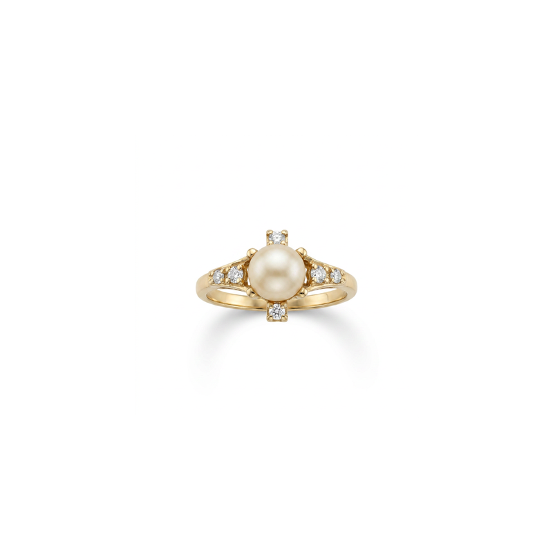 14K Yellow Gold Diamond & Pearl Ring