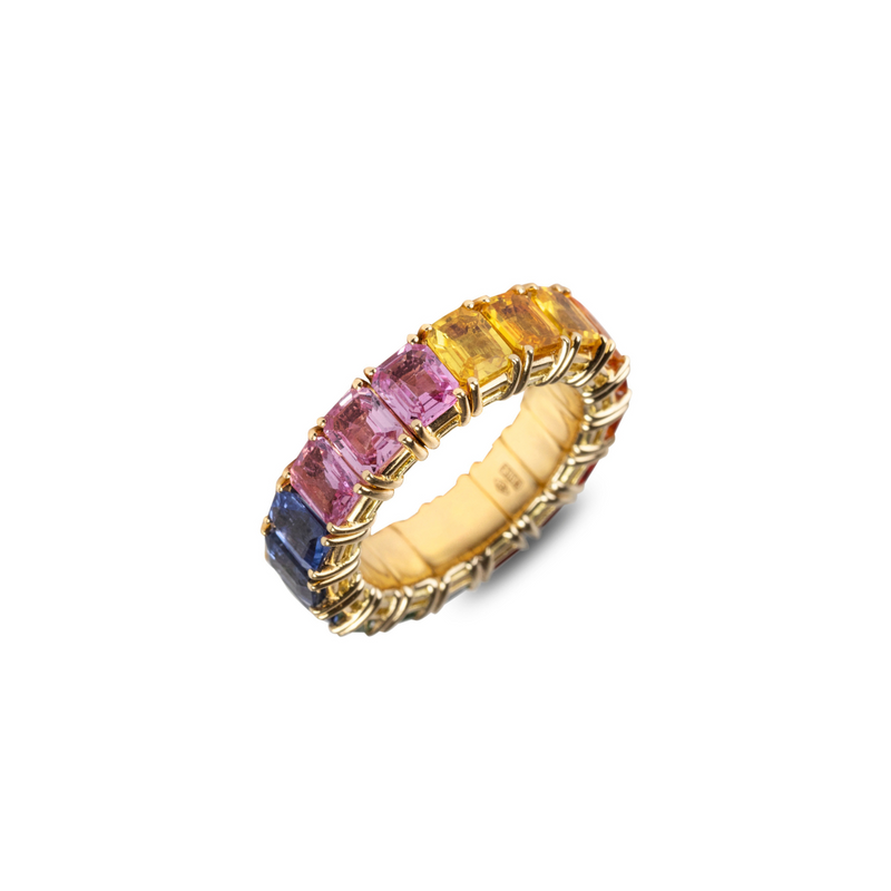 Zydo Italy Jewelry - Sapphires Rainbow 18K Yellow Gold Emerald Cut Stretch Ring | Manfredi Jewels