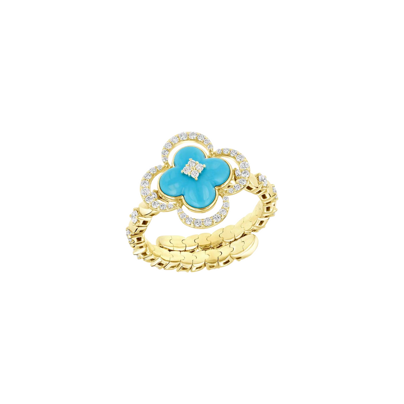 14K Yellow Gold Flexible Ring Featuring Diamond And Clover Turquoise