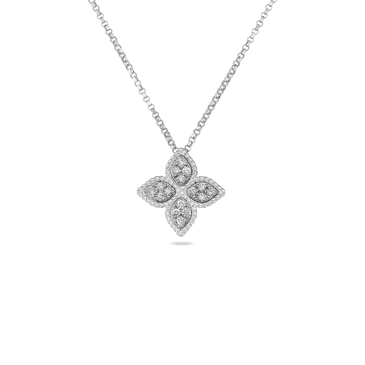 Roberto Coin Jewelry - Princess Flower 18K White Gold Diamond Pavè Medium Necklace | Manfredi Jewels