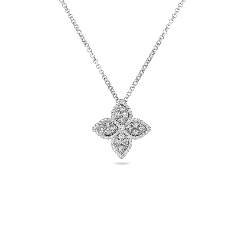 Roberto Coin Jewelry - Princess Flower 18K White Gold Diamond Pavè Medium Necklace | Manfredi Jewels