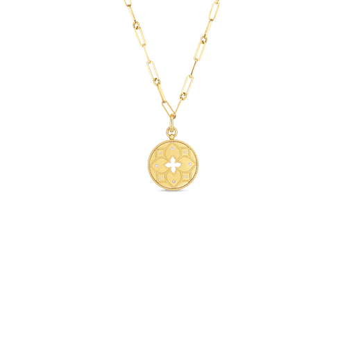 Venetian Princess 18K Yellow Gold Satin Finish Diamond Accent Flower Cutout Medallion on Chain Necklace
