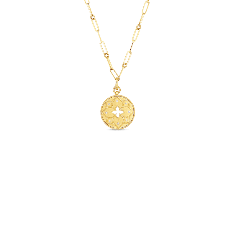 Venetian Princess 18K Yellow Gold Satin Finish Diamond Accent Flower Cutout Medallion on Chain Necklace