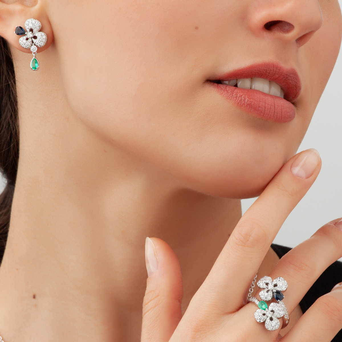 Miseno Jewelry - Ischia 18K White Gold Diamond Pavé Sapphires & Emeralds Drop Earrings | Manfredi Jewels