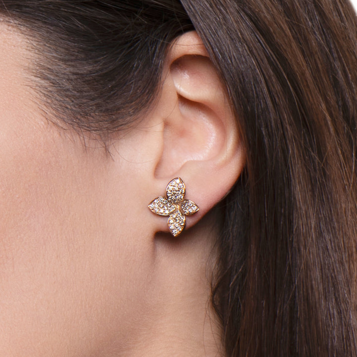 Pasquale Bruni Jewelry - Petit Garden 18K Rose Gold Pavé White and Champagne Diamond Small Flower Earrings | Manfredi Jewels