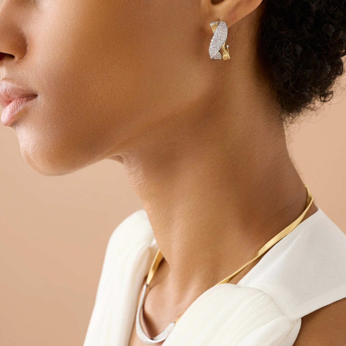 Marco Bicego Jewelry - Marrakech 18K Yellow Gold Hoop Earrings with Twisted Diamond Pavé | Manfredi Jewels