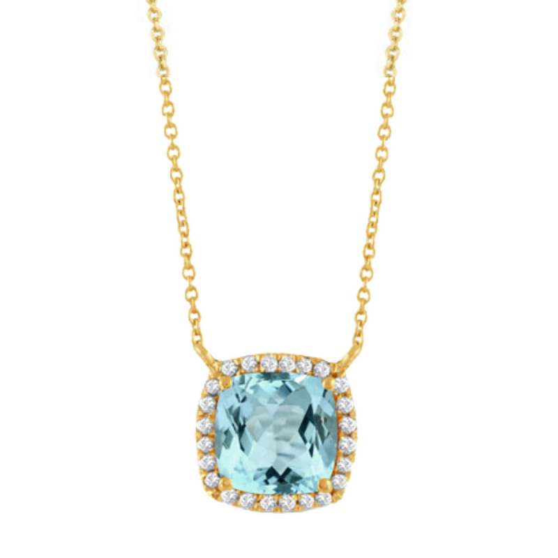 Sky Blue 18K Yellow Gold Blue Topaz Diamond Halo Pendant Necklace