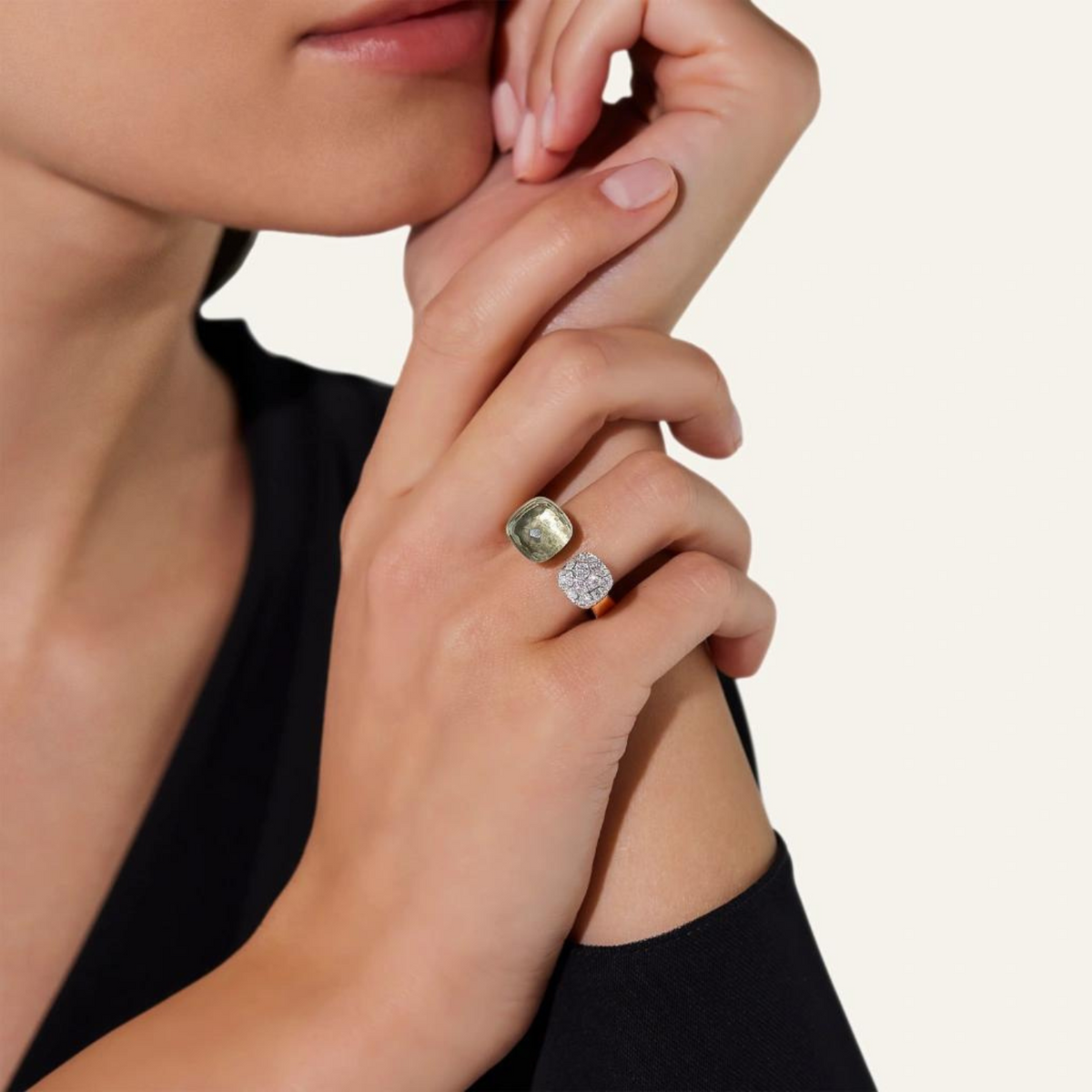 Pomellato Jewelry - Nudo 18K Rose Gold Double Prasiolite & Diamond Pavé Ring | Manfredi Jewels