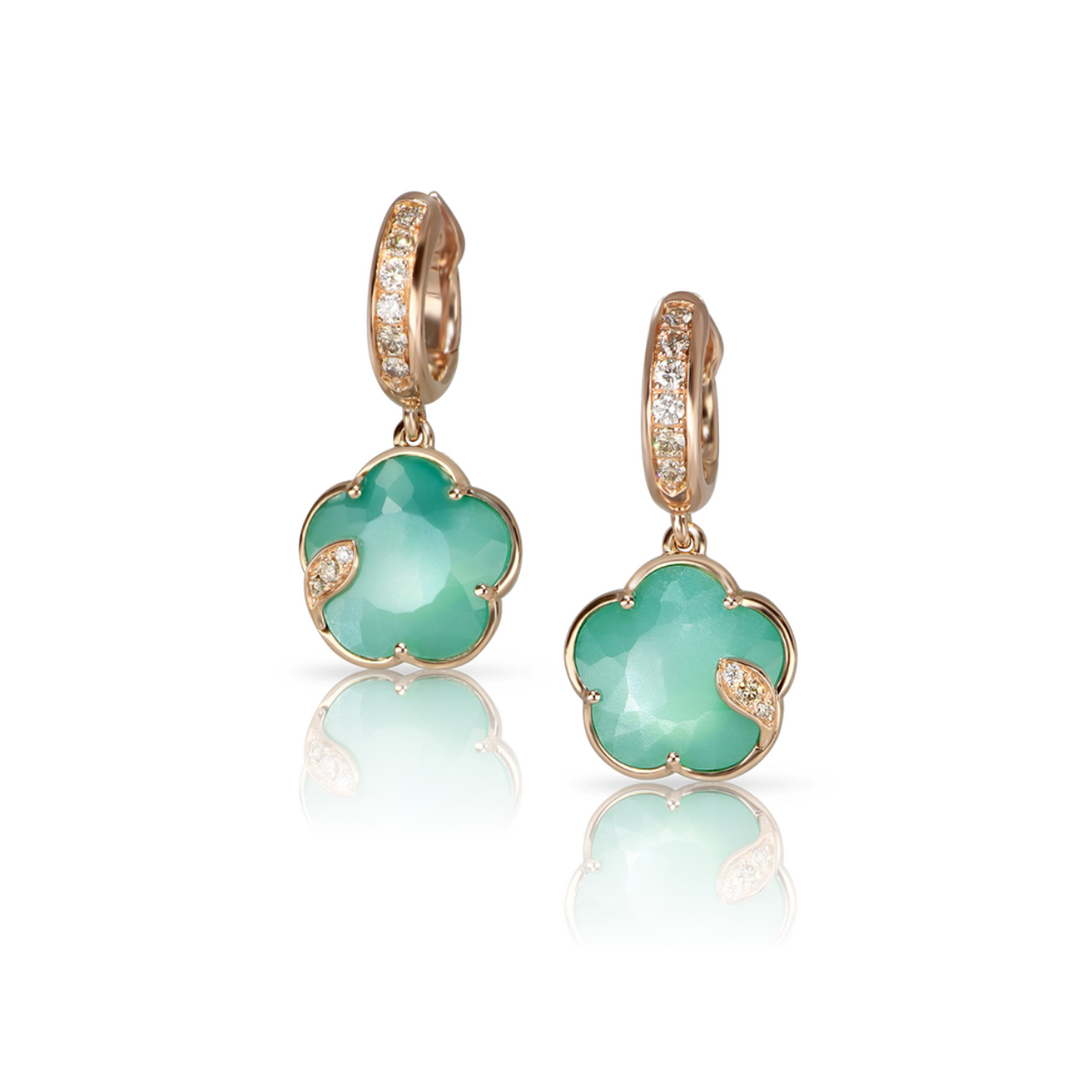 Pasquale Bruni Jewelry - Petit Joli 18K Rose Gold Green Agate & White Moonstone Diamond Drop Hoop Earrings | Manfredi Jewels