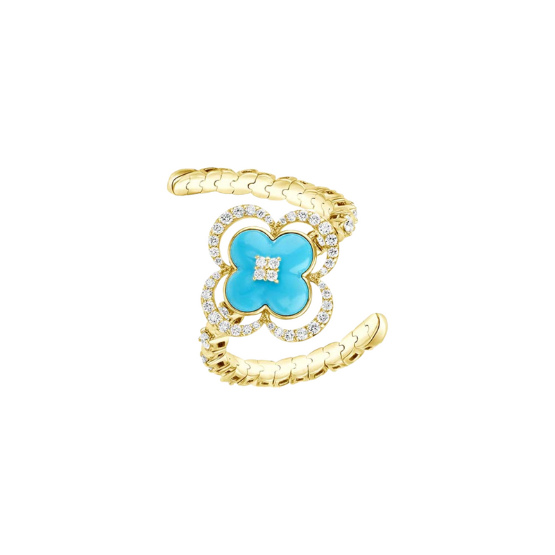 14K Yellow Gold Flexible Ring Featuring Diamond And Clover Turquoise