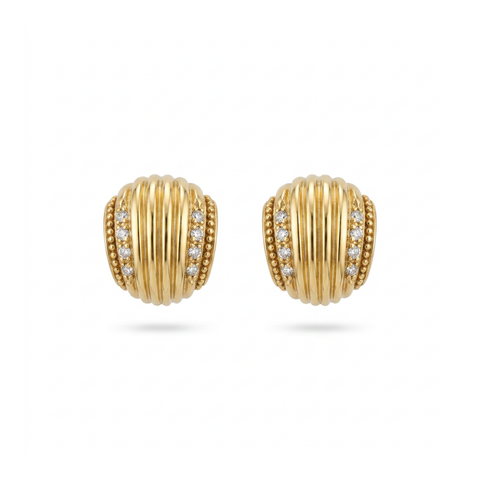 Estate 18K Yellow Gold & Diamond Ribbed Earrings