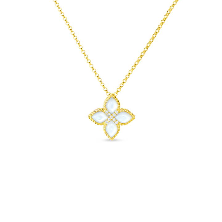 Roberto Coin Jewelry - 18K Yellow Gold Venetian Princess Mother of Pearl & Diamond Medium Flower Necklace | Manfredi Jewels