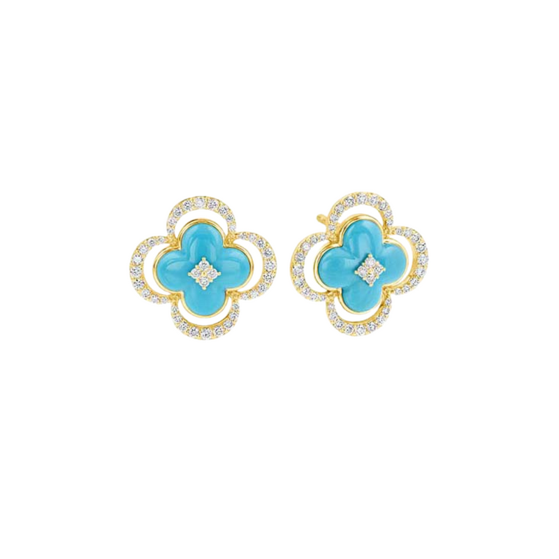 14K Yellow Gold, Diamond, & Clover Turquoise Earrings