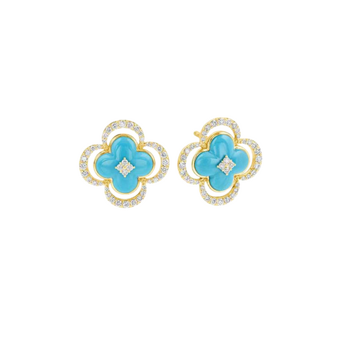 14K Yellow Gold, Diamond, & Clover Turquoise Earrings