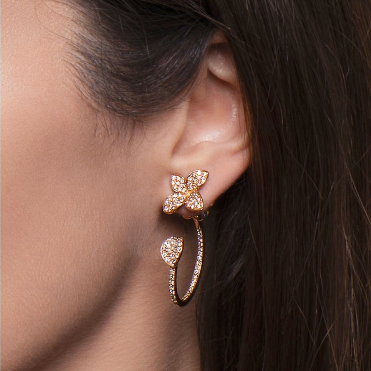 Pasquale Bruni Jewelry - Petit Garden 18K Rose Gold Pavé Diamond Small Flower Pendant Earrings | Manfredi Jewels