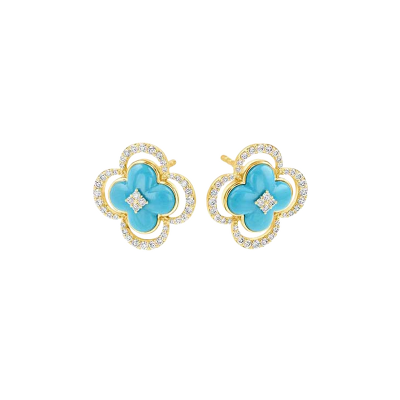 14K Yellow Gold, Diamond, & Clover Turquoise Earrings