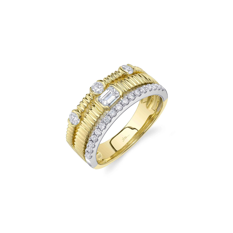 14K Yellow Gold 0.67ct Diamond Emerald Ribbed Ring