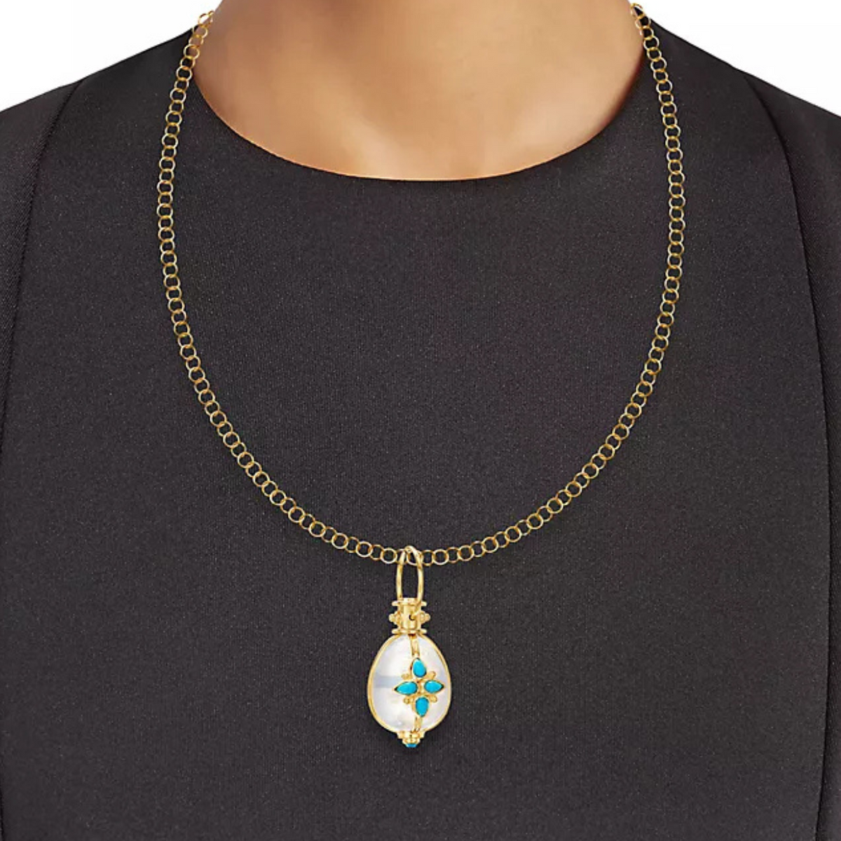 Temple St Clair Jewelry - 18KT YELLOW GOLD ROCK CRYSTAL & TURQUOISE AMULET | Manfredi Jewels