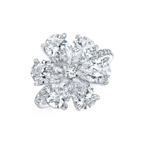 Pear Cut 4.23 ct 18K White Gold Six Petal Diamond Flower Ring