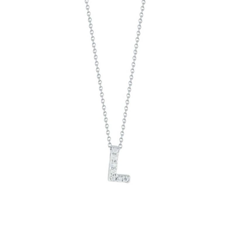 Roberto Coin Jewelry - Tiny Treasures 18K White Gold Love Letter “L” Diamond Necklace | Manfredi Jewels