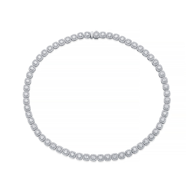 18K White Gold Diamond Halo Tennis Necklace