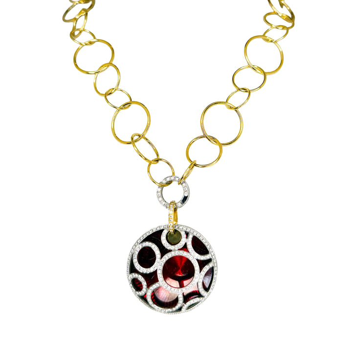 18K Yellow and White Gold Red Enamel and Pavè Diamond Pendant Necklace