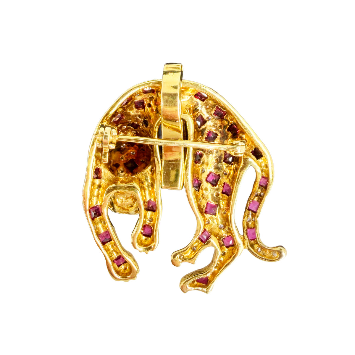 Panther Brooch with Pink Sapphires, Diamonds and Emeralds in 18K Yellow Gold