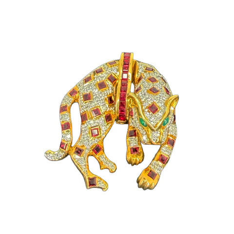 Panther Brooch with Pink Sapphires, Diamonds and Emeralds in 18K Yellow Gold