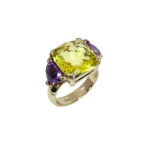 Lime Citrine and Amethyst Ring in 14K White Gold