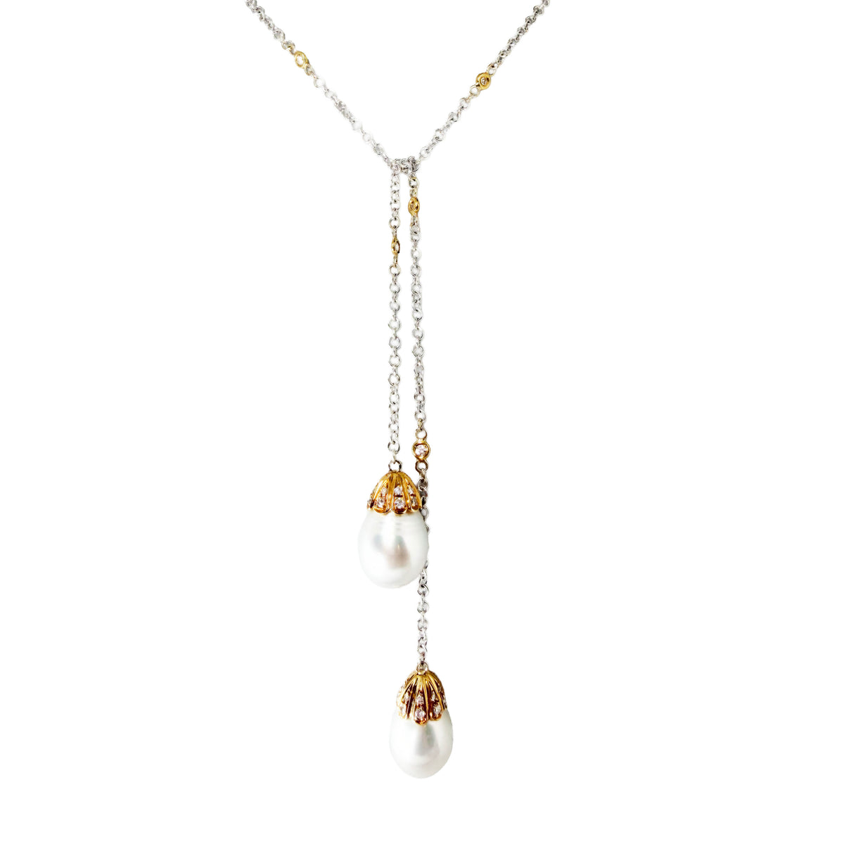 Two-Tone Rolo Lariat Necklace with South Sea Pearls and Rose-Cut Diamonds in 18K Gold