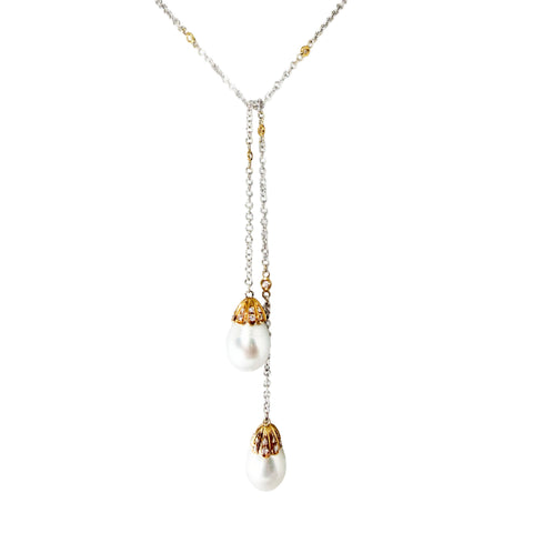 Buccellati Two-Tone Rolo Lariat Necklace with South Sea Pearls and Rose-Cut Diamonds in 18K Gold
