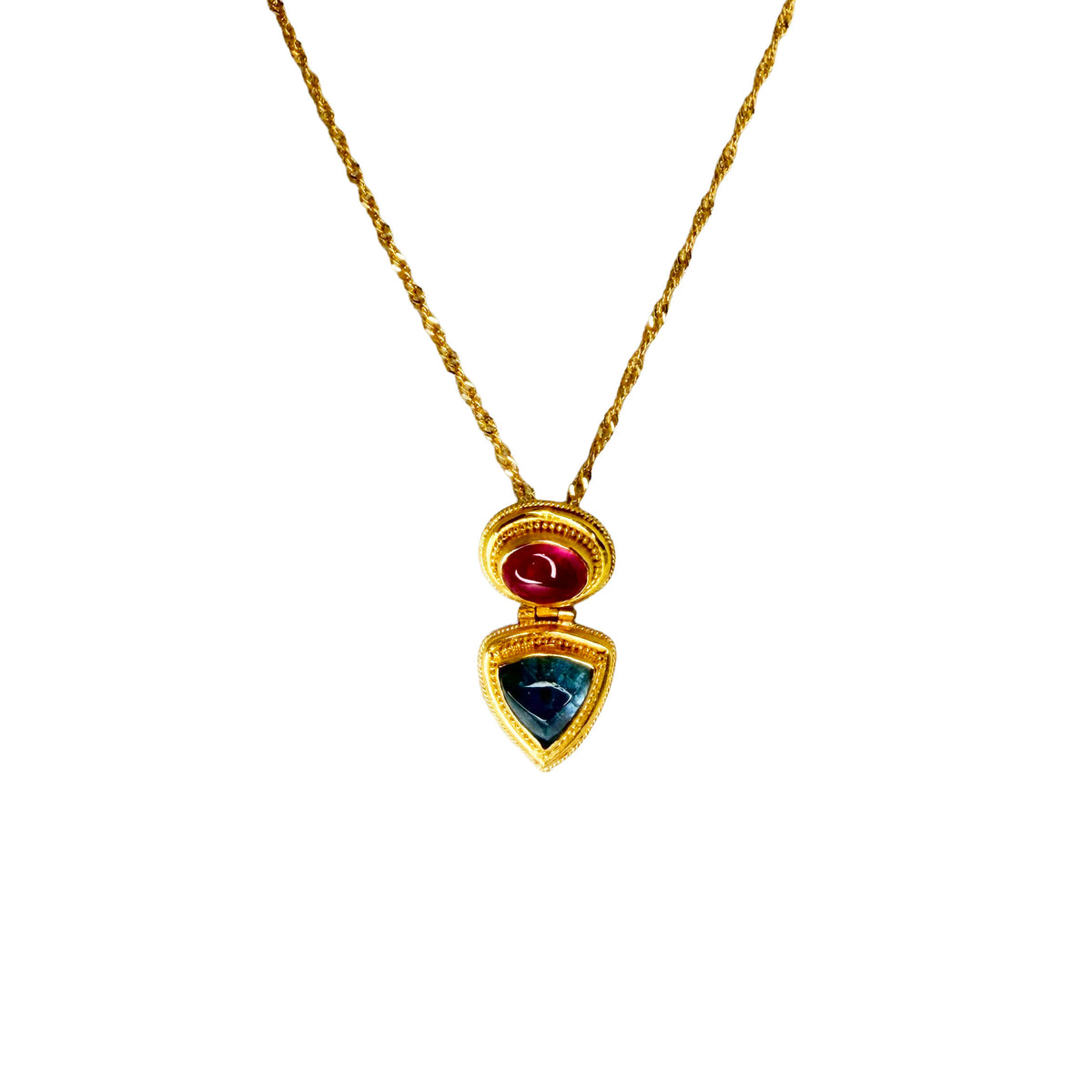Pink Tourmaline and Blue Topaz Cabochon Pendant with 18K Gold Wheat Chain