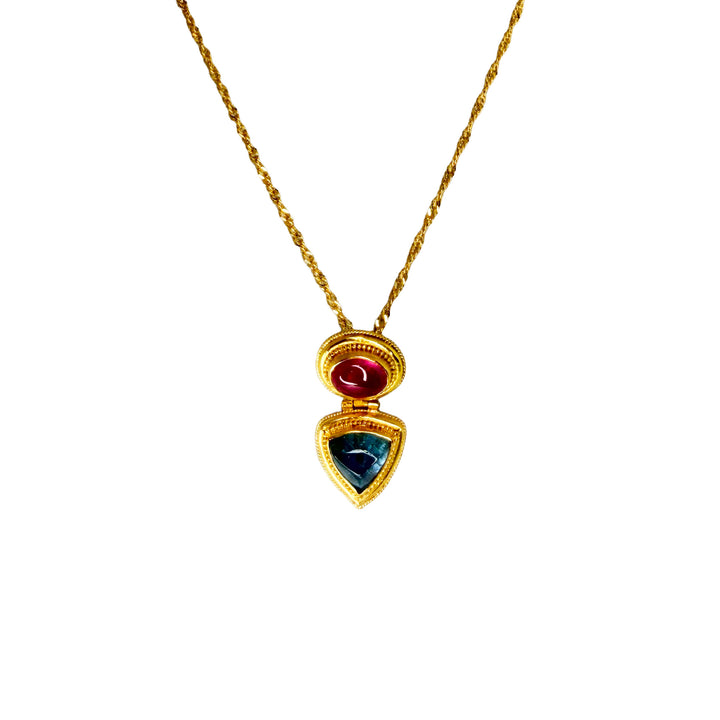 Pink Tourmaline and Blue Topaz Cabochon Pendant with 18K Gold Wheat Chain