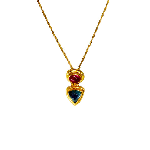 Pink Tourmaline and Blue Topaz Cabochon Pendant with 18K Gold Wheat Chain