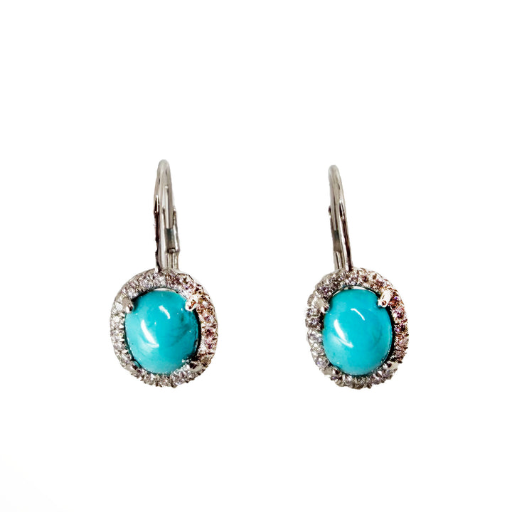 Turquoise and Diamond Halo Earrings in Platinum