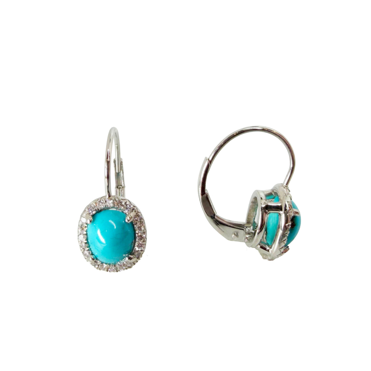 Turquoise and Diamond Halo Earrings in Platinum
