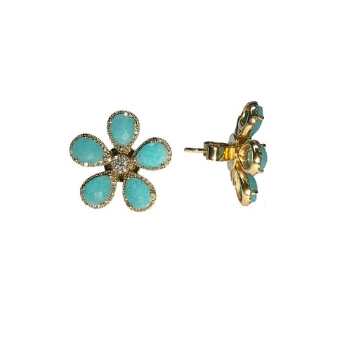 18K Yellow Gold Ammonite and Diamond Flower Earrings