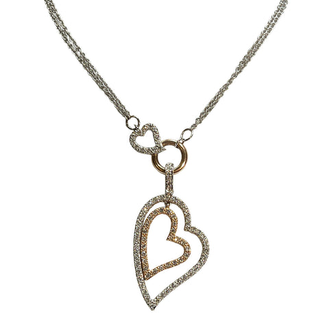 14K Rose & White Gold Double Chain Two Heart Diamond Necklace