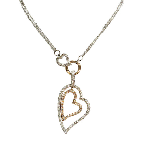 14K Rose & White Gold Double Chain Two Heart Diamond Necklace