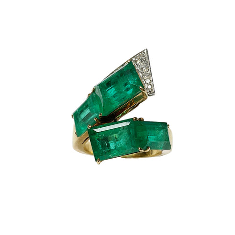 Handmade Diamond and Emerald Bypass Ring 18K Yellow Gold