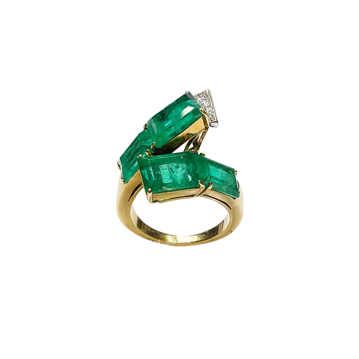 Handmade Diamond and Emerald Bypass Ring 18K Yellow Gold