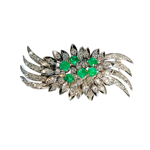 Platinum Emerald Brooch with Six Emeralds