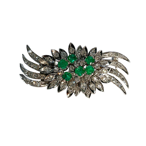 Platinum Emerald Brooch with Six Emeralds