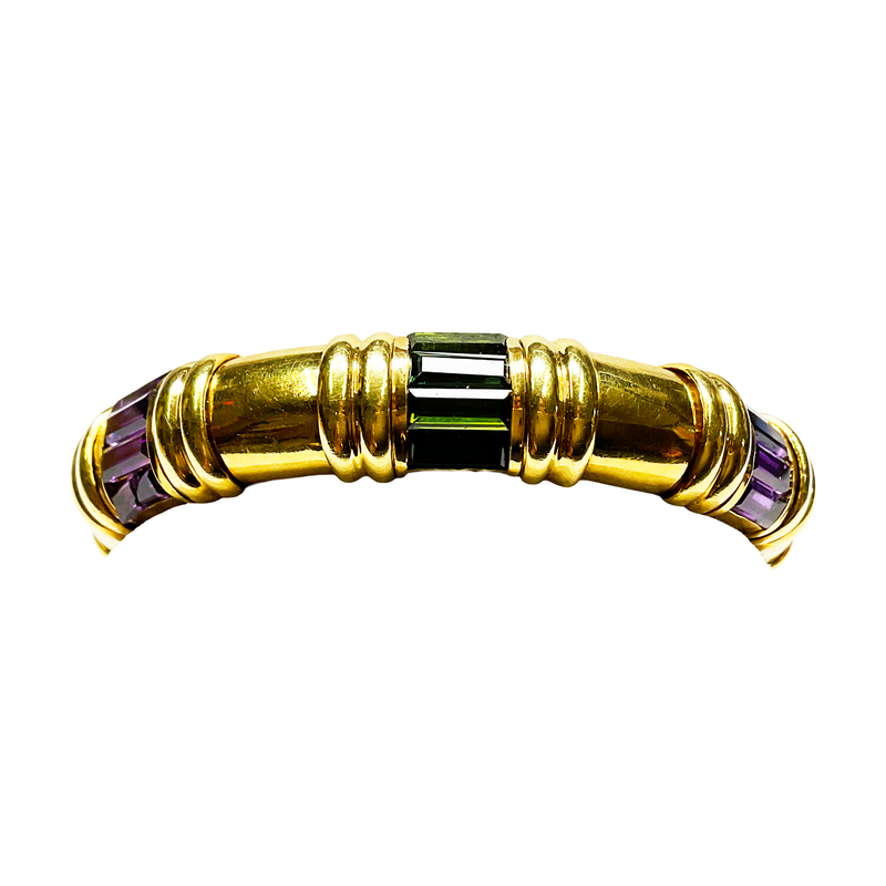 18K Yellow Gold Baguette-Cut Green Tourmaline and Amethyst Bracelet