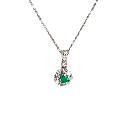Diamond Cluster Pendant with Center Emerald on Chain in 18K White Gold