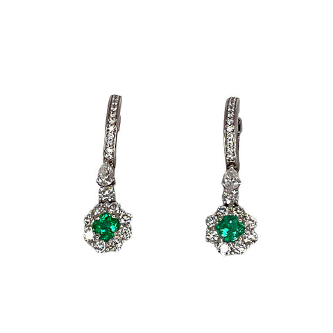 Dangling Diamond Earrings with Center Round Emerald in 18K White Gold