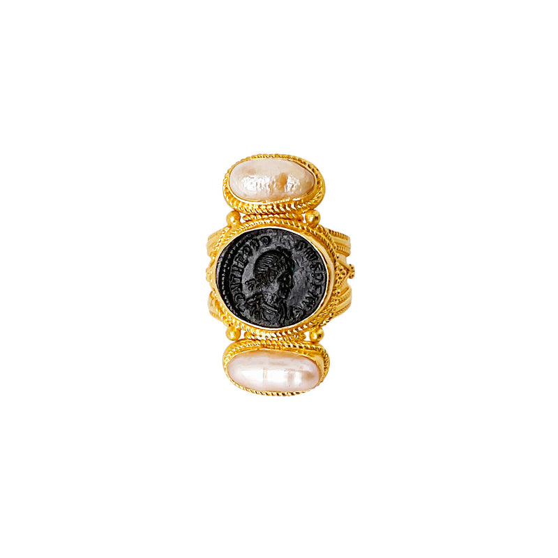 Byzantine Pearl & Roman Coin Ring in 21K Yellow Gold