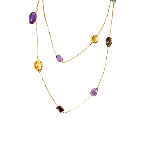 Multi-Color Gemstone Bezel-Set Necklace in 14K Gold