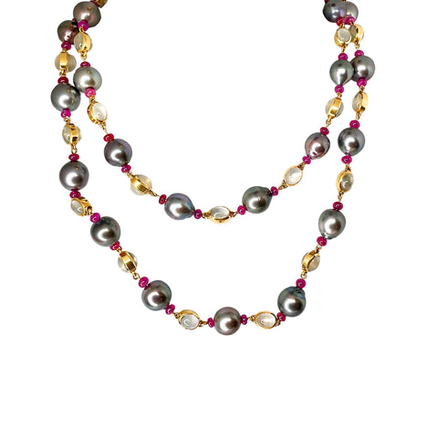 Assael Black Baroque Pearl Necklace with Rubies and Moonstones in 18K Yellow Gold