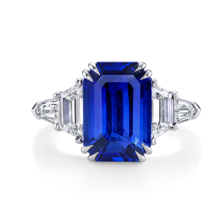Manfredi Jewels Engagement - Emerald-Cut 6.13ct Sapphire Five-Stone Ring with Step-Cut Trapezoid and Bullet Diamond Side Stones in Platinum